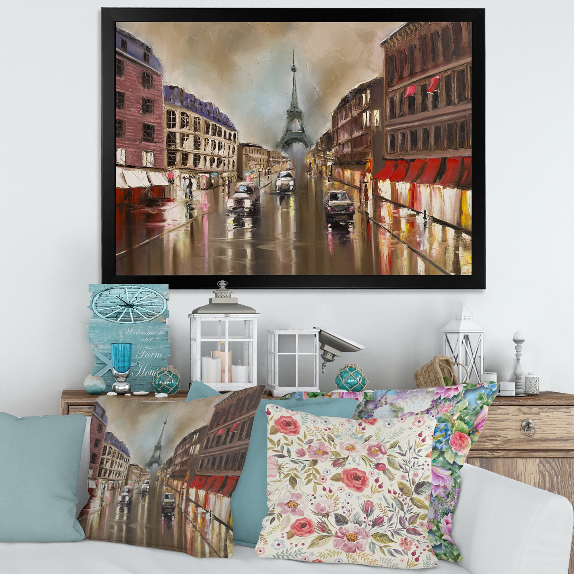 Designart 'Quiet Rainy Street In Gray Eiffel Tower Paris' Traditional Framed Art Print