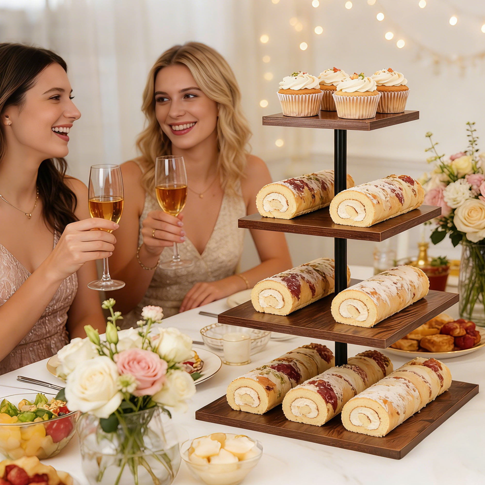 MOJINO 4 Tier Wooden Cupcake Stand for 50 Cupcakes, 360° Rotating Square Dessert Tower, Rustic Tiered Tray Serving Display for Wedding, Birthday, Baby Shower