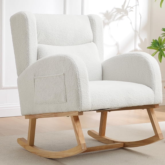 Upholstered Wingback Rocking Chair In Teddy White Bouclé With Solid Wood
