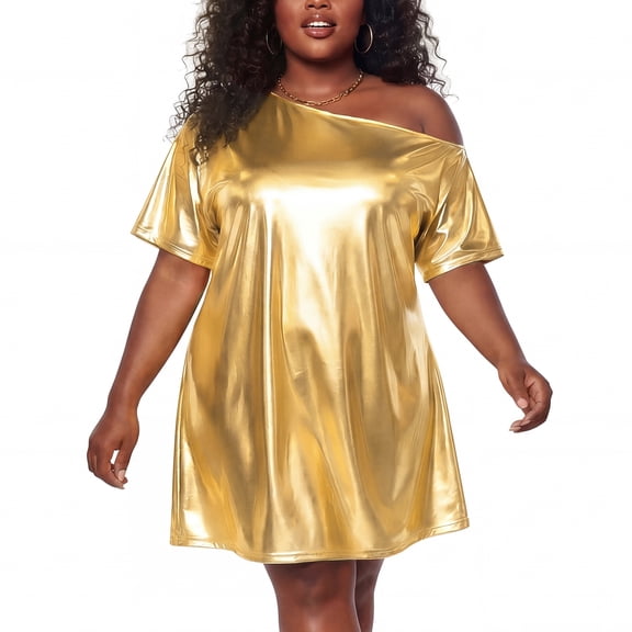 Agnes Orinda Women's Plus Size Dress Glitter Asymmetrical Neck One Shoulder Metallic Party Holographic Disco Dresses 1X Gold