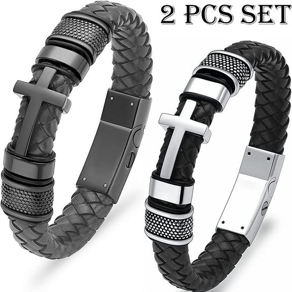 2 Pcs Set Cross Cremation Urn Bracelet for Ashes Genuine Leather Memorial Ash Jewelry Urn Bangles Locket Keepsake Bracelet for Men / Wpmen-22CM