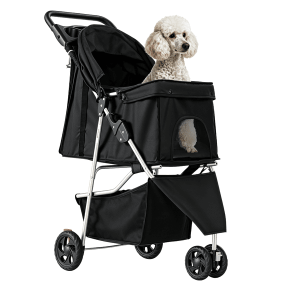 SHOUFTW 3 Wheels Pet Stroller, Folding Pet Carrier with Cup Holder and Storage Basket, Black