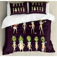 thumbnail image 1 of Alien Duvet Cover Set King Size, Extraterrestrial Crew of Little Green Ufo in Suits, 3 Piece Bedding Set with 2 Pillow Shams, Dark Mauve Apple Green Champagne Burnt Sienna, by Ambesonne, 1 of 3
