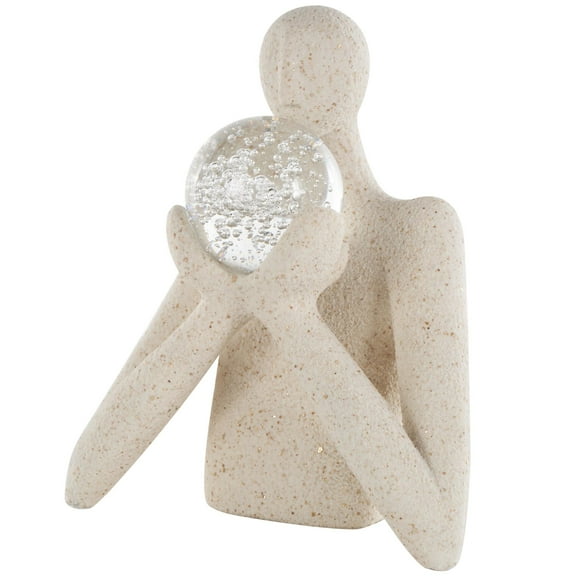 11" x 13" Cream Polystone Abstract Textured People Sculpture with Clear Glass Ball and Gold Speckles, by DecMode