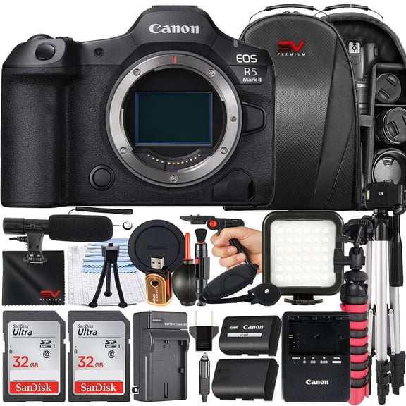 Canon EOS R5 Mark II Mirrorless Camera with 2 Pack 32GB Memory Card   Tripod   Case   SV Premium Accessory Bundle (International Version)