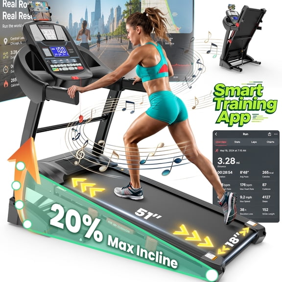 Home Folding Treadmill with 20% Auto Incline,18" Wide Belt Treadmills, 12MPH 5.15HP Brushless Incline Treadmill for Home, 400LBS Foldable Treadmills with Screen & APP & Heart Rate,