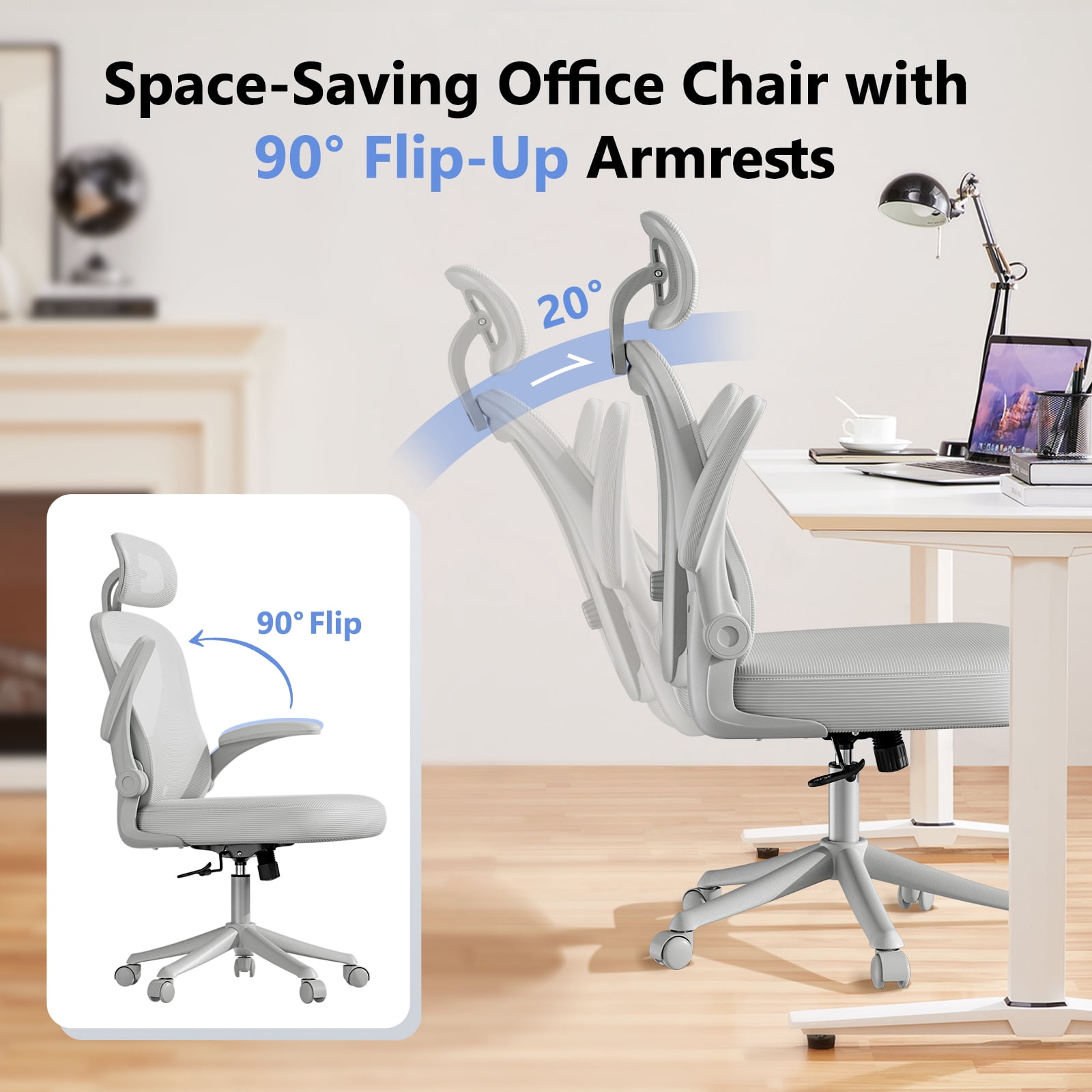 HomeZeer Desk Chairs with Wheels, Mesh Office Chair with Lumbar Support, Ergonomic High Back Office Chair with Adjustable Headrest, Task Chair Flip-up Arms, Executive Office Chair Home Office, Gray
