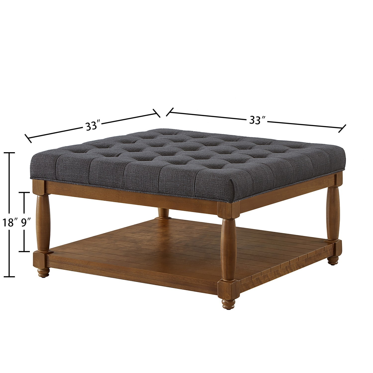 Large Square Tufted Linen Ottoman Coffee Table, Upholstered Footrest with Solid Wood Storage Shelf, Charcoal Living Room Center Table