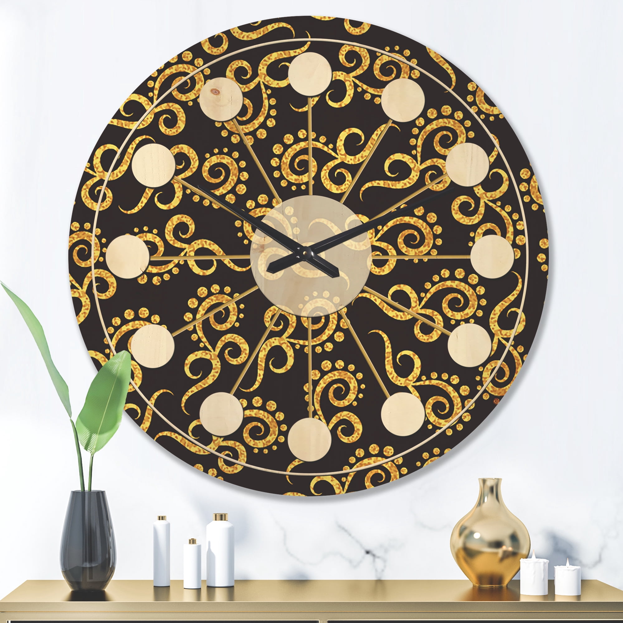 Designart 'Black and Gold Swirl II' Mid-Century Modern Wood Wall Clock