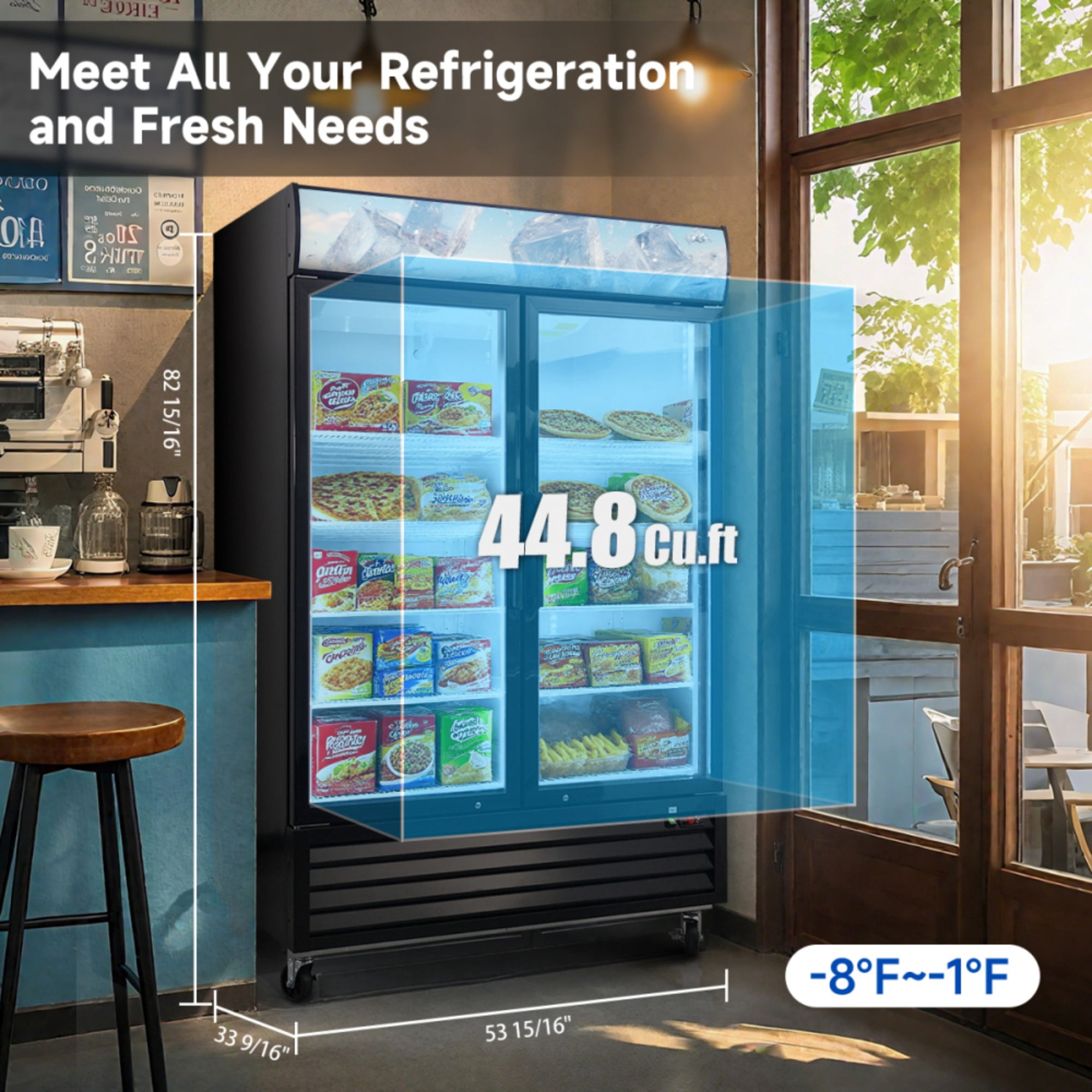 Glass Door Merchandiser Freezer 44.7 Cu.ft Swing Door Commercial Reach-In Display Freezers with LED Top Panel Upright Freeze Storage
