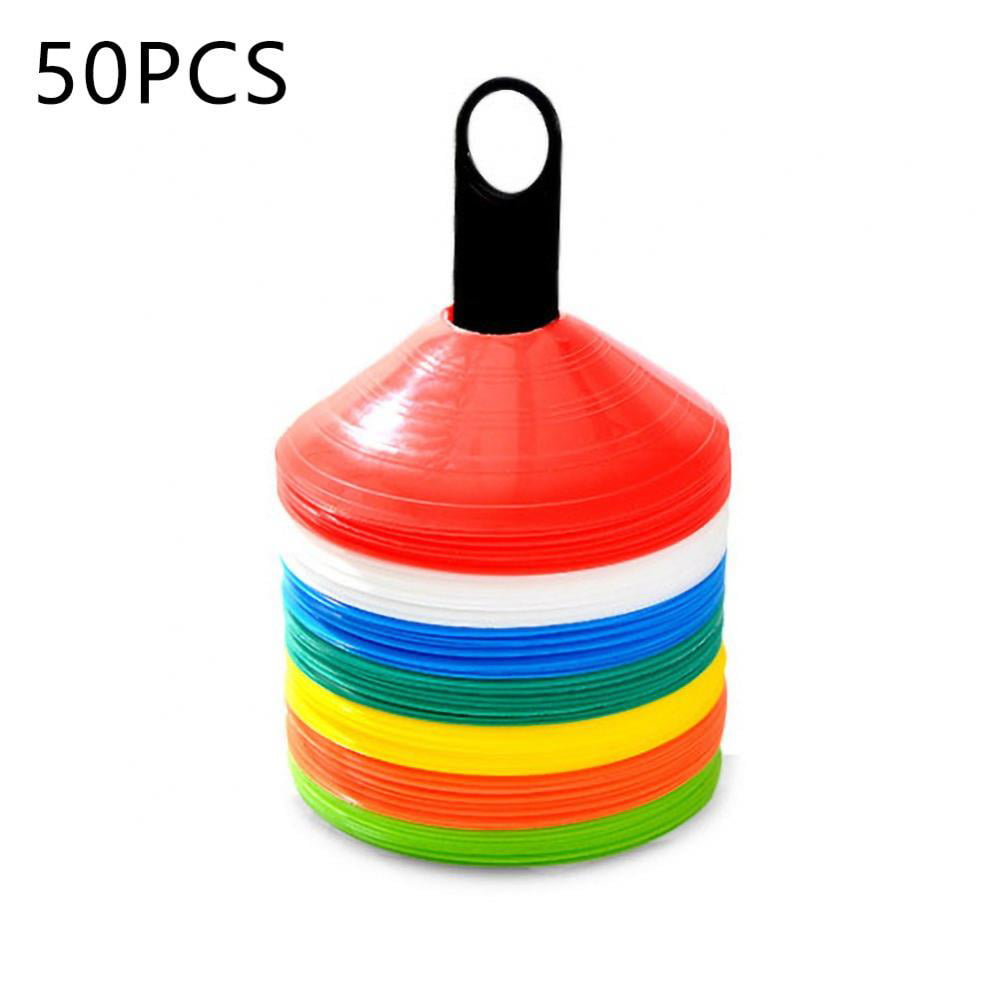 Field Cone Markers Set of 50 Pro Disc Cones Includes Top 15 Drills Book Sports - Agility Soccer Cones with Carry Bag and Holder for Training Kids Football