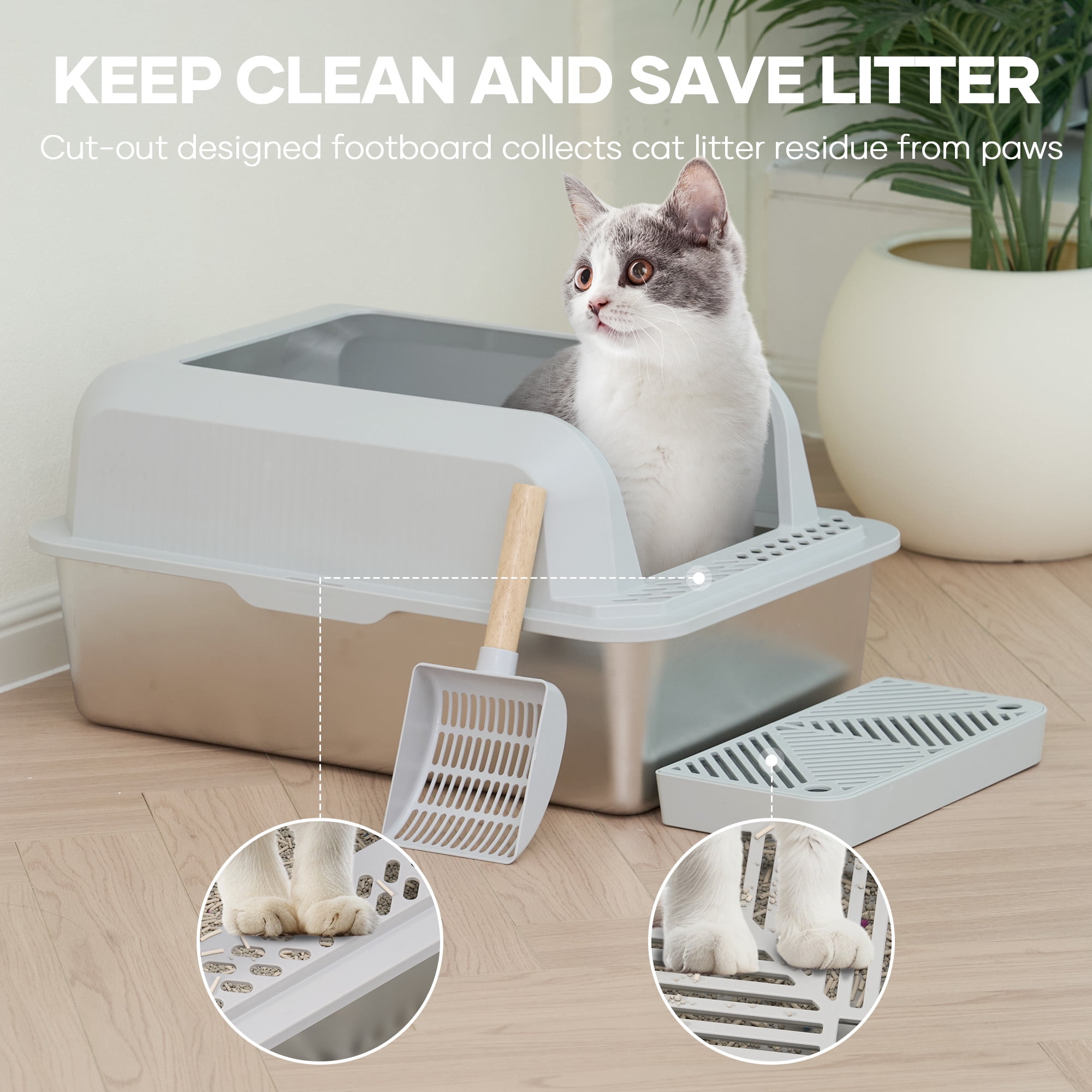 Naipo Stainless Steel Cat Litter Box with High Side,23.5"×15.5"×12"Extra Large Litter Box with Scoop and Footboard,for Small/Big/Multi Cats,Gray