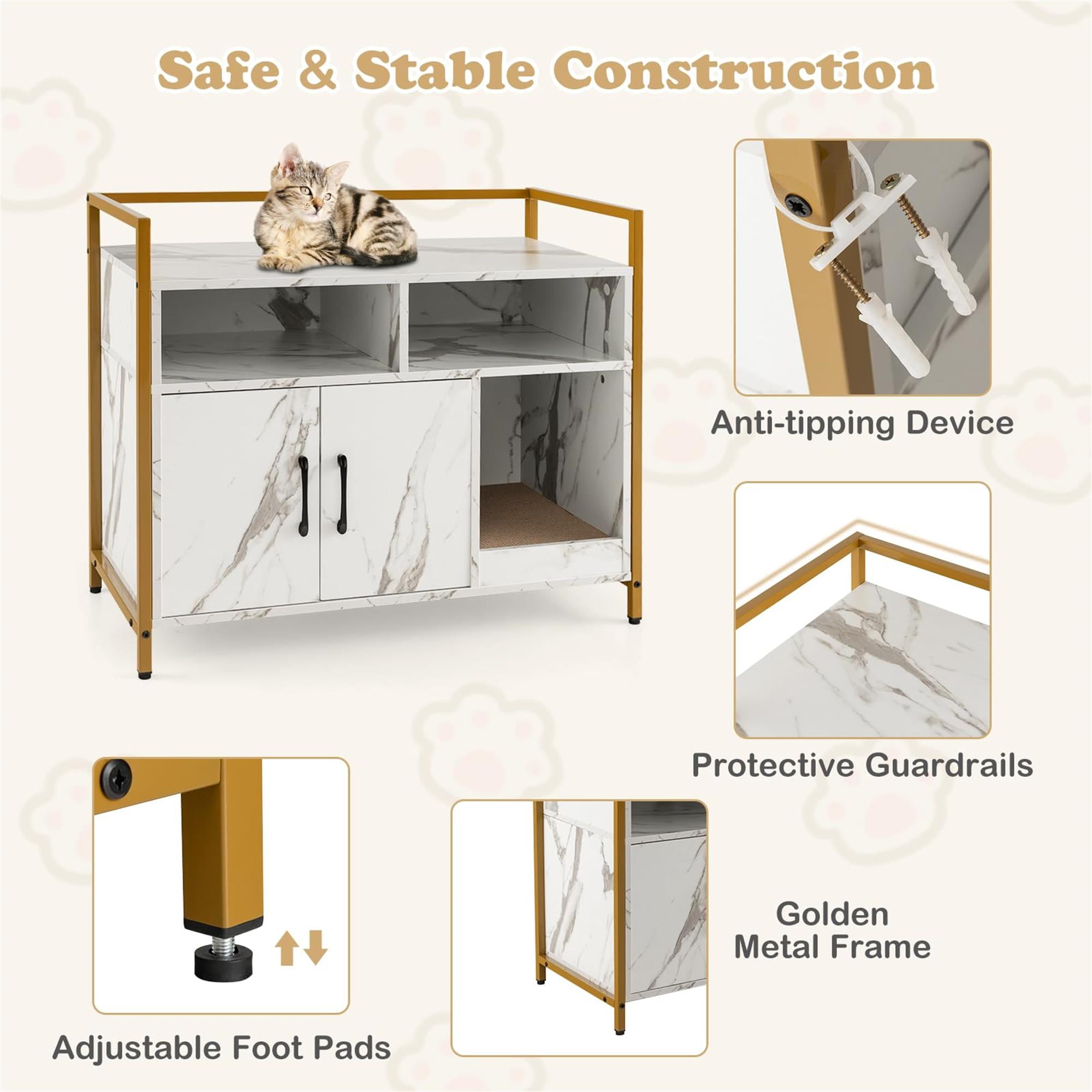 Kadyn 35" Hidden Cat House Washroom with 2-Doors and Scratch Cardboard, Wooden Cat Litter Box Enclosure Furniture, White