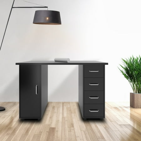 47 Inch Computer Desk Office Desk with 4 Drawers and Storage Place Modern Simple PC Desk with Rolling Wheels for Home Office
