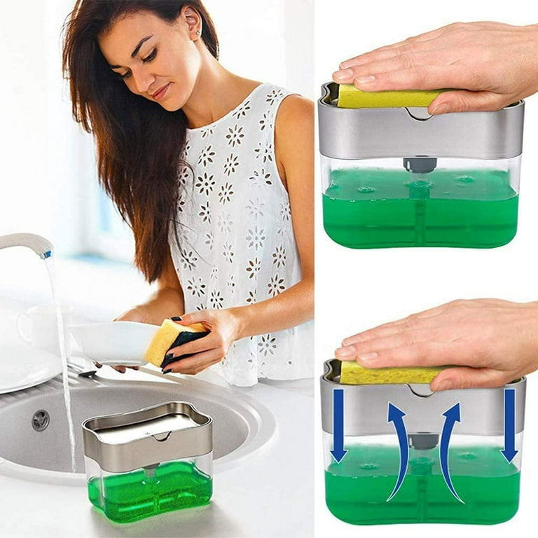  Aeakey Soap Dispenser,Dish Soap Dispenser for Kitchen,Sponge  Holder Sink Dish Washing Soap Dispenser 13 Ounces (Silver) : Home & Kitchen