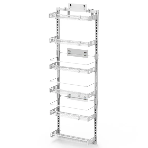 6-Tier Over The Door Pantry Organizer, Adjustable Height Carbon Steel Storage Rack with Mesh Baskets & Hooks for Kitchen Bathroom Bedroom