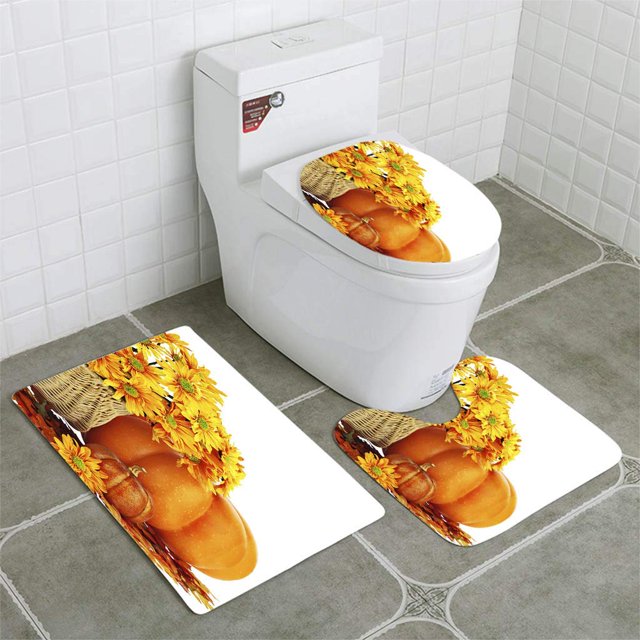ABPHQTO Una calabaza y una cesta de flores Juego de alfombras de baño de 3 piezas Alfombra de baño Alfombra de contorno y tapa de inodoro ABPHQTO Cont-CHAPPLE-39728