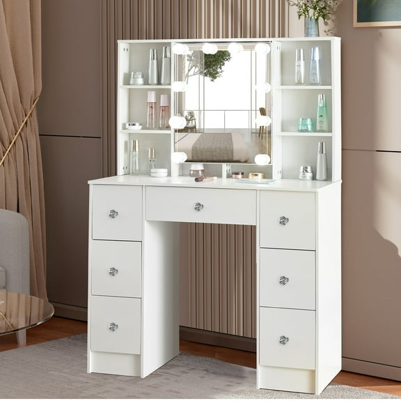 Caulitar Vanity Desk Set with LED Lighted Mirror, Makeup Vanity Table with 7 Drawers and Hidden Shelves for Women, White