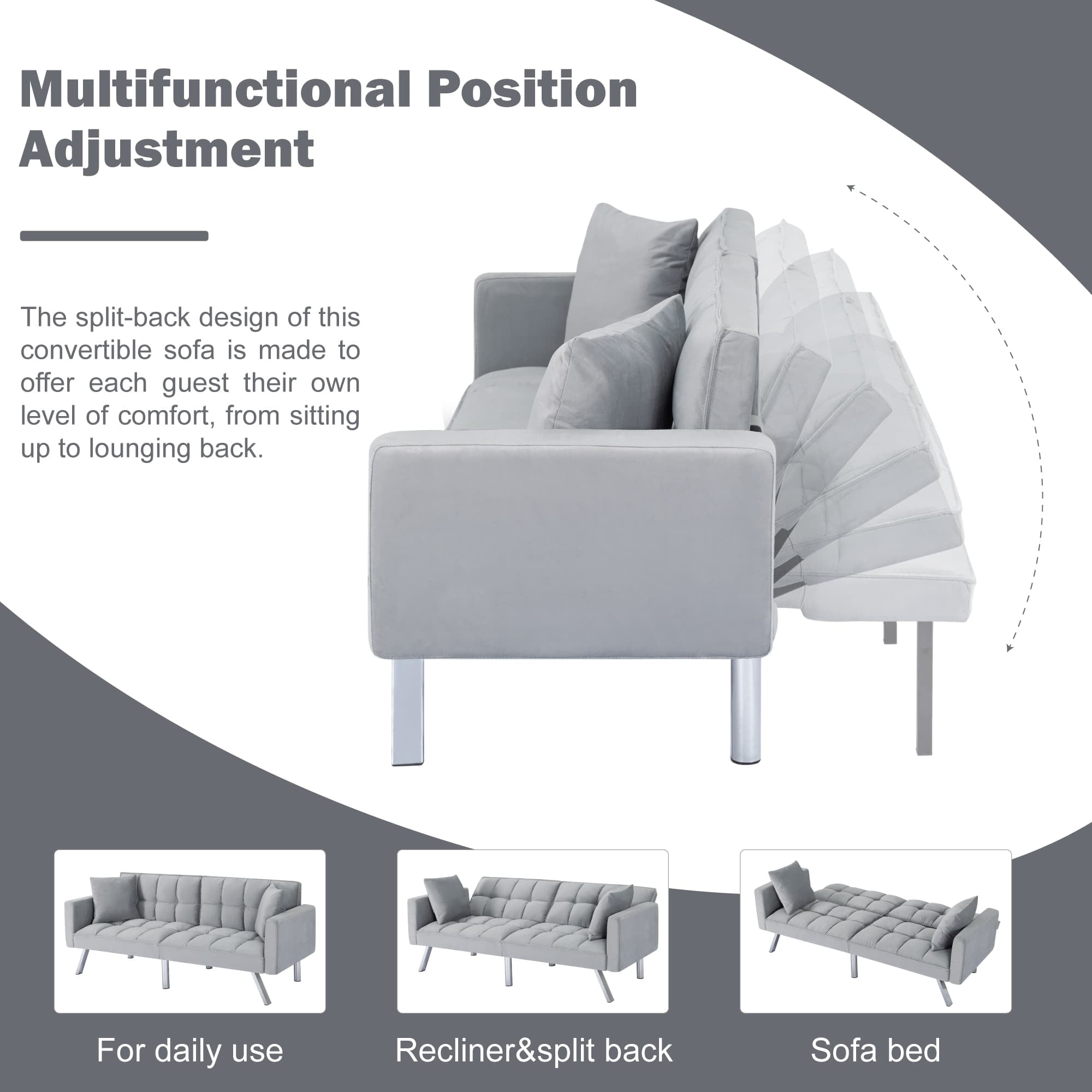 BSHTI Velvet Futon Sofa Bed 74” Convertible Sleeper – Split-Back 3-Position Adjustable, Solid Wood Frame, 2 Pillows, Easy Assembly, for Living Room Office Guest Room, Gray