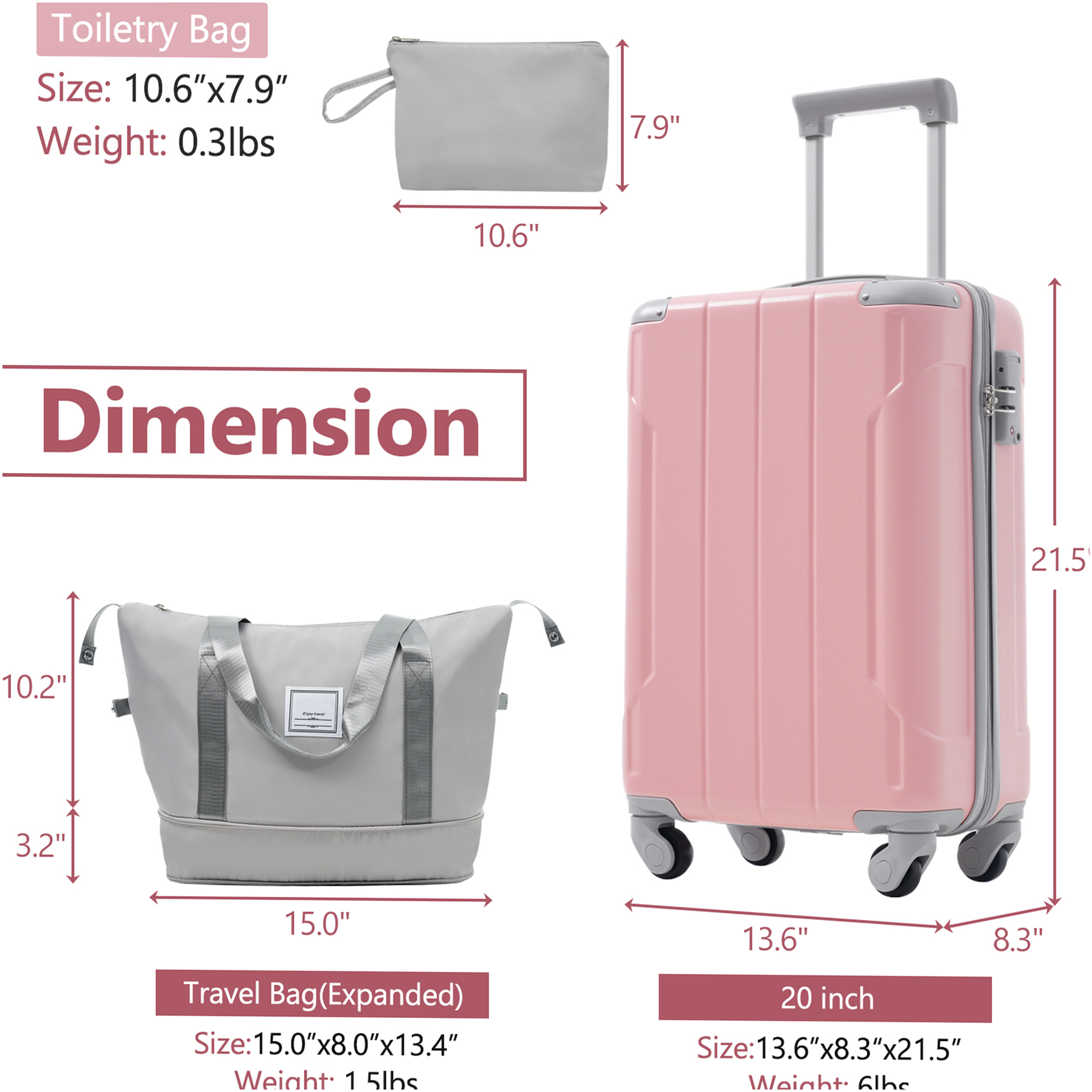 JERFIT 3-Piece Pink Lady ABS Hardshell Luggage Set with Spinner Wheels, TSA Lock, Expandable Carry On Suitcase & Weekender Bag for Travel