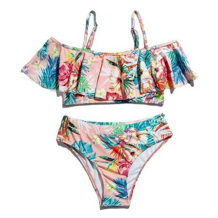 

Girls Ruffled Swimsuits Two-Pieces Bathing Suits Floral Bikini Wear Quick Dry Swimwear Kids Sunsuit Tankini Suit 7-11T