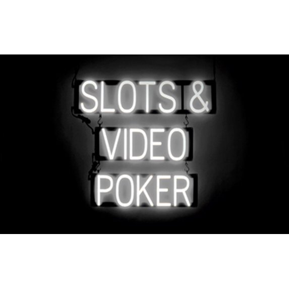 SpellBrite SLOTS & VIDEO POKER LED Sign for Business. 26.4" x 23.8" White SLOTS & VIDEO POKER Sign Has Neon Sign Look With Energy Efficient LED Light Source. Visible from 500+ Feet, 8 Animations.