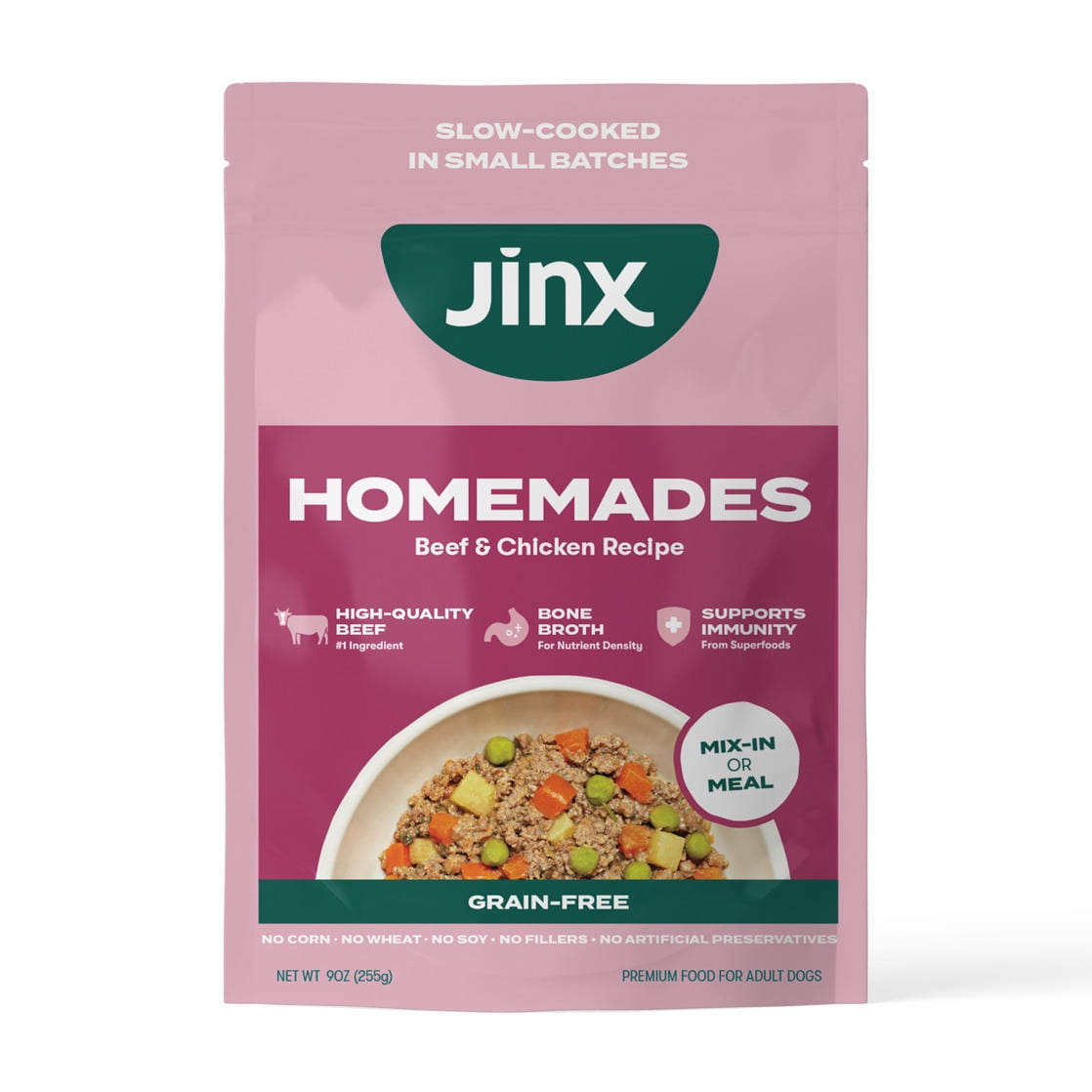 (12 pack) Jinx Homemades Beef & Chicken Recipe Wet Natural Dog Food, 9 oz. Pouch