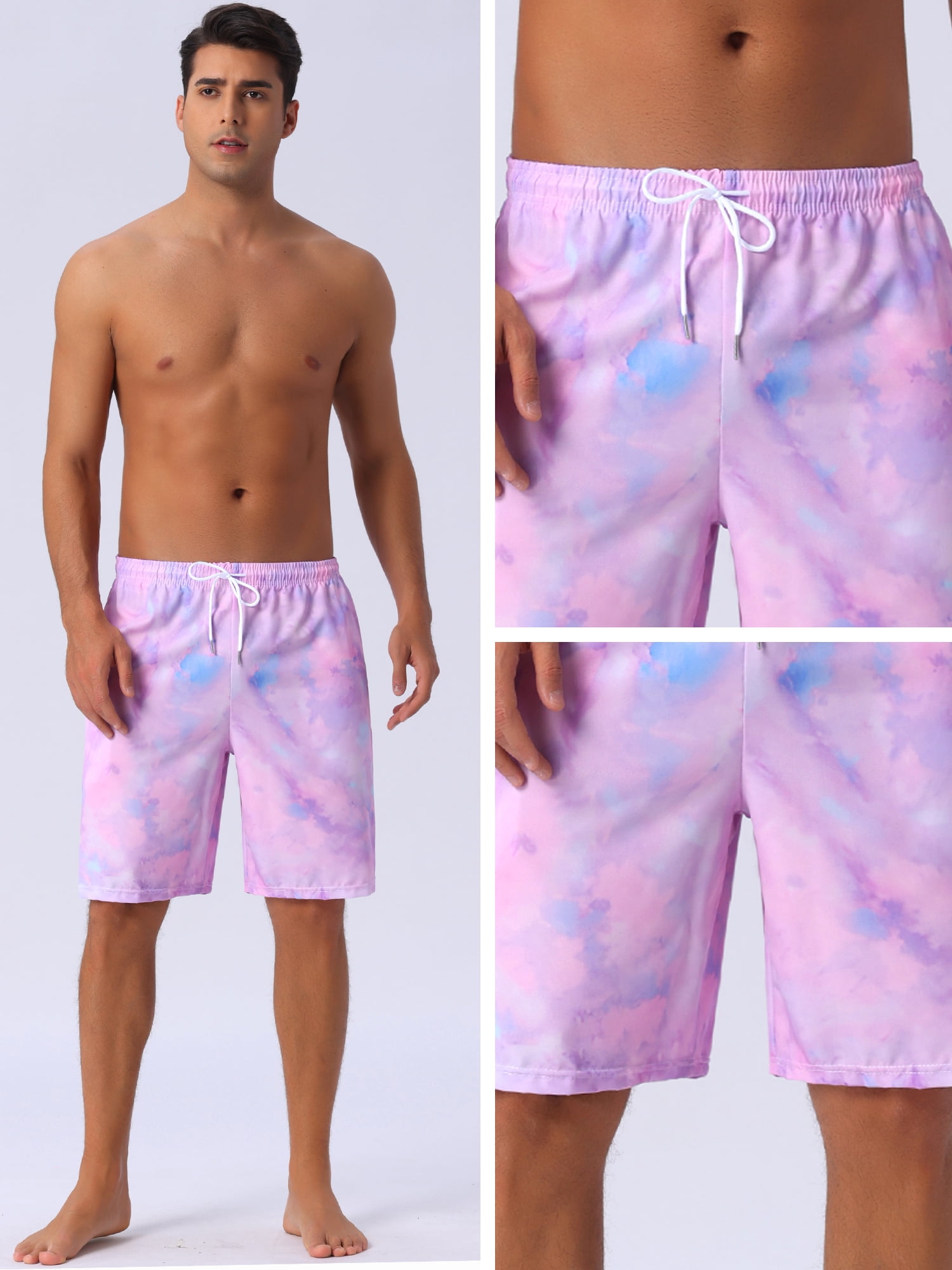 DARING DIVA Men's Tie-dyed Pattern Drawstring Elastic Waist Board Shorts 30 Purple Blue