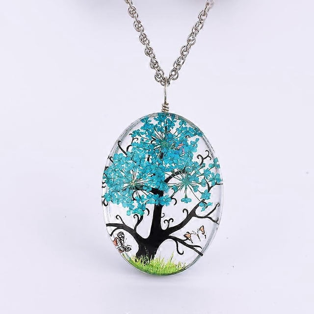 Dried Flower Necklace Oval Glass Lockets Life Of Tree Butterfly Pendant Chain Necklaces Women Girls Birthday Jewelry