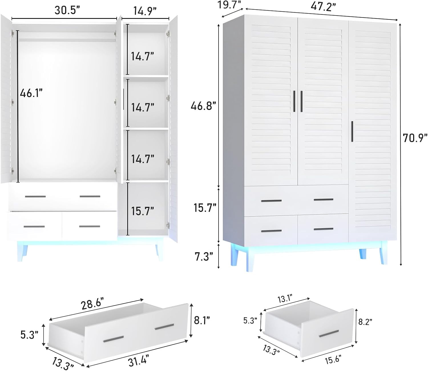 ANPOO Large 3 Doors Armoire Wardrobe Closet with LED Lights & Hanging Rods,70.9" White Louver Door Wardrobe Armoire with 3 Drawers,LED Large Armoire Storage with Multi-Layer Shelves