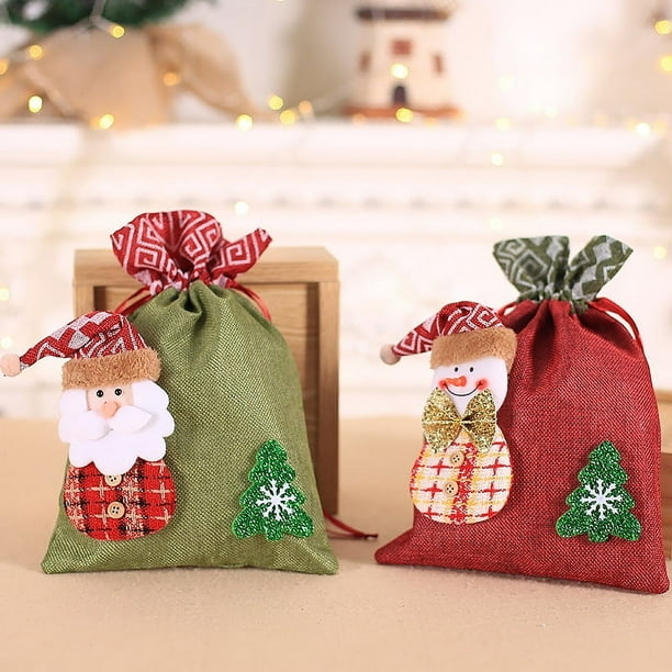 CHAO Bolsas de regalo de Navidad, paquete de 2 bolsas de regalo de Navidad con cordón, bolsas de tela reutilizables, bolsas de regalo de Navidad portátiles con cordón para decoración navideña, dulces