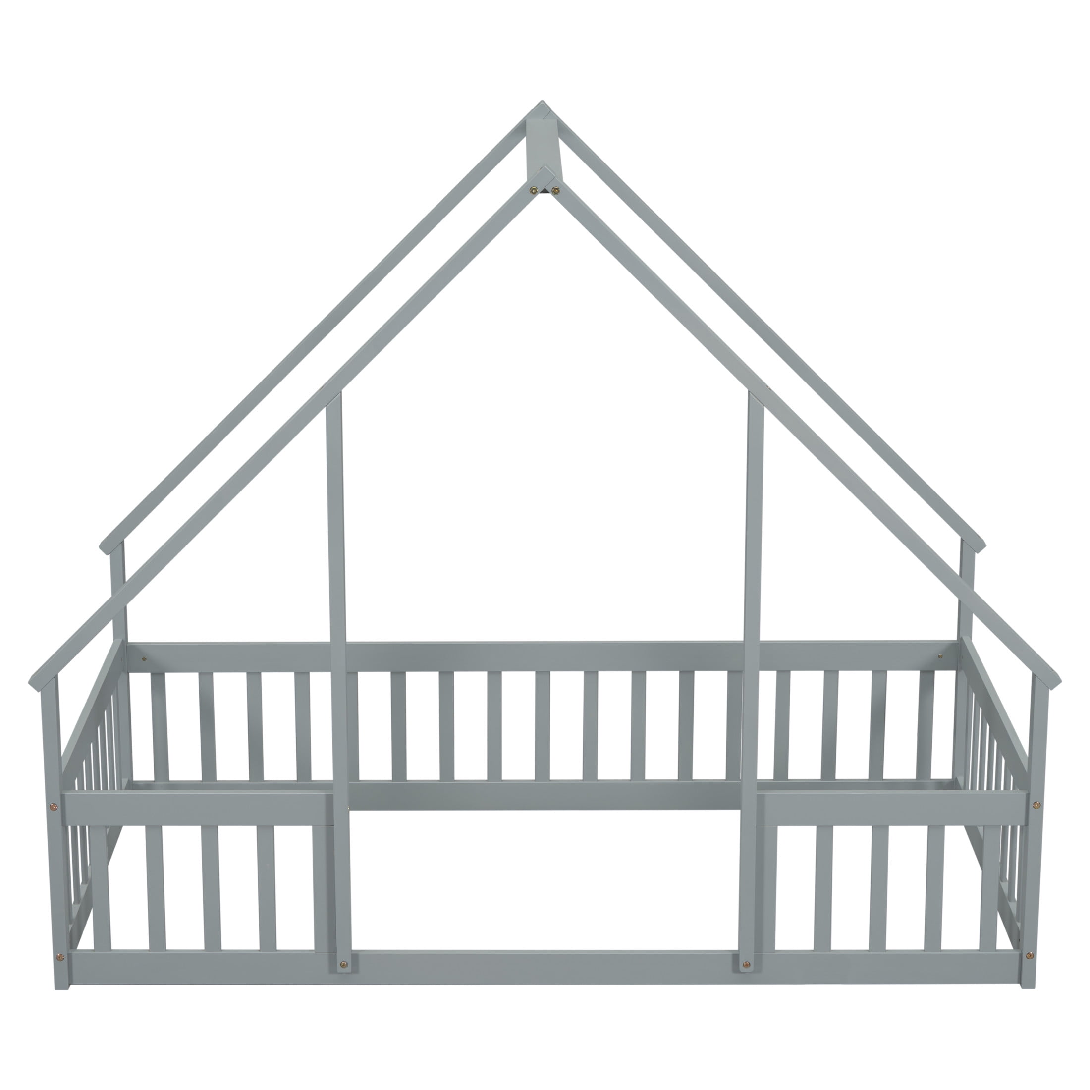 Noble House May Twin Floor Bed with House-Shaped Roof Frame and Fence Guardrails, Solid Pine Wood Frame, Grey