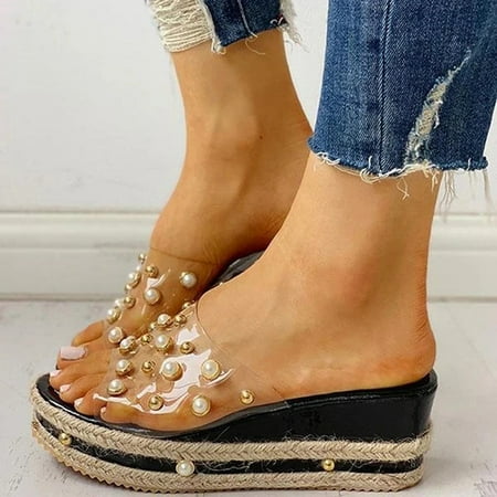 

Fashion Pearl Platform Wedge Heel Outer Wear High-Heeled Platform Slippers