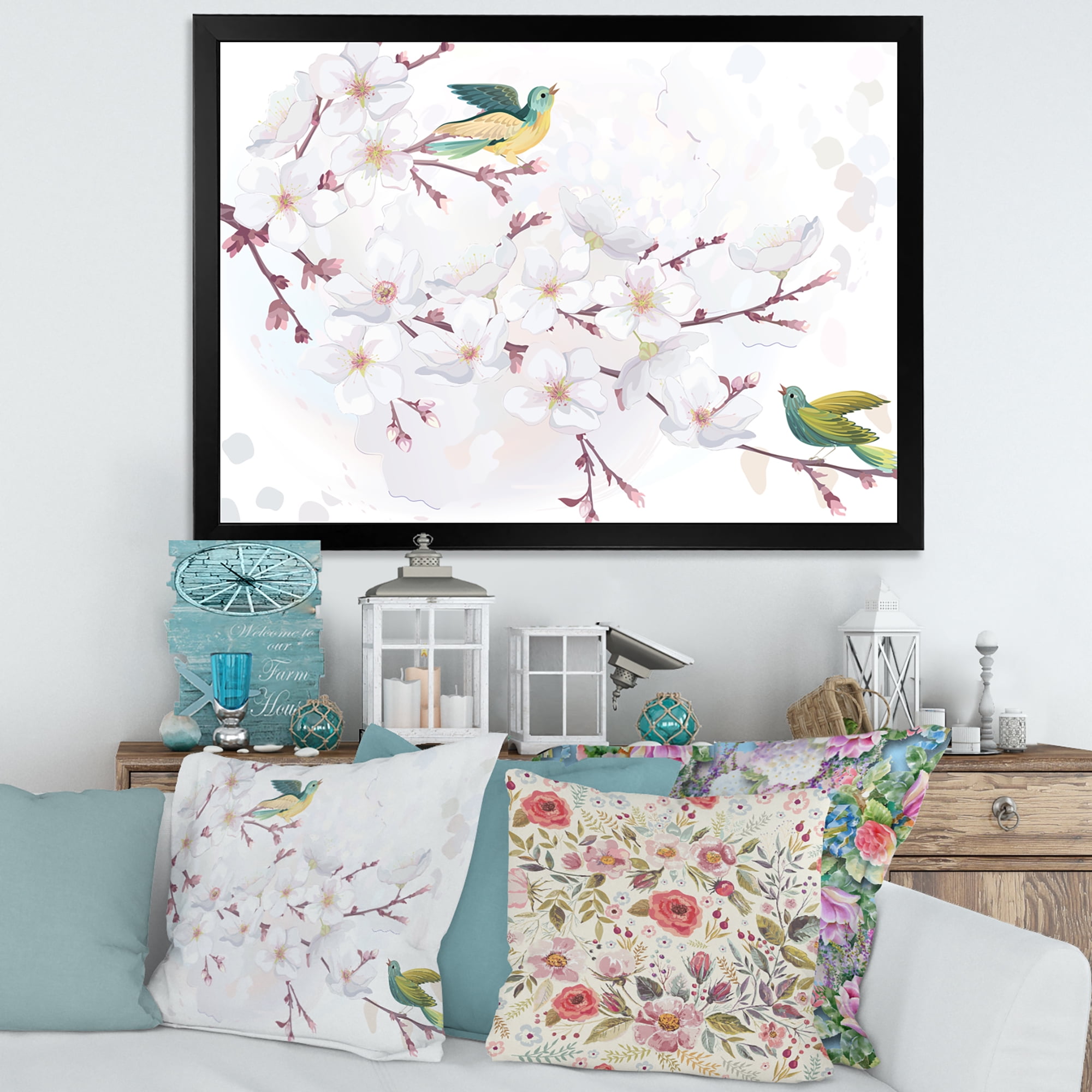 Designart 'Blossoming Cherry Tree and Birds' Traditional Framed Art Print