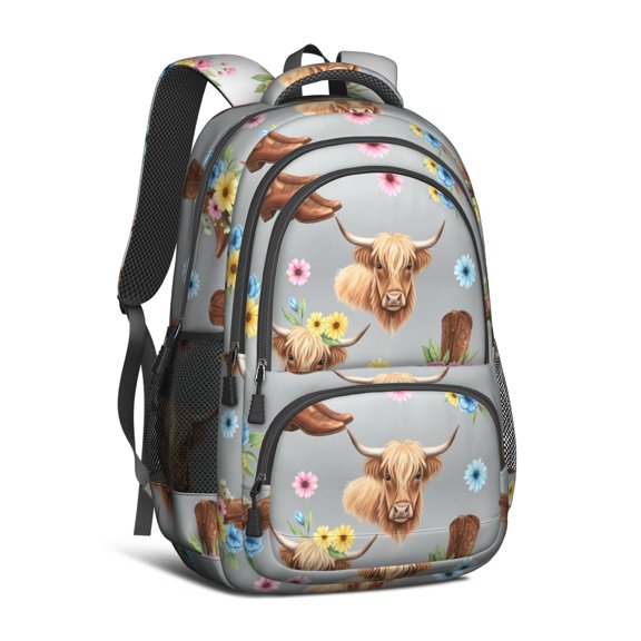 Highland Cow and Boot Print Backpack for School, Cute School Bag with Adjustable Shoulder Straps and Padded Back, 16.9"x12.6"x5.9"