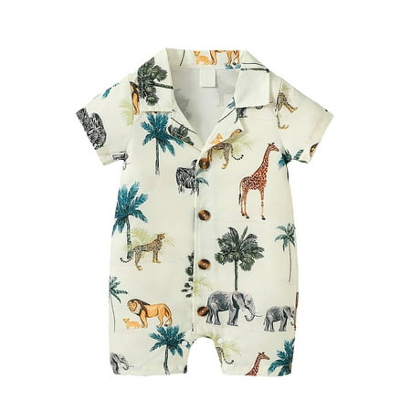 

Carolilly 0-2Y Baby Boys Girls Summer Jumpsuit Animal Print Casual Short Sleeve Button Down Lapel Romper Shorts