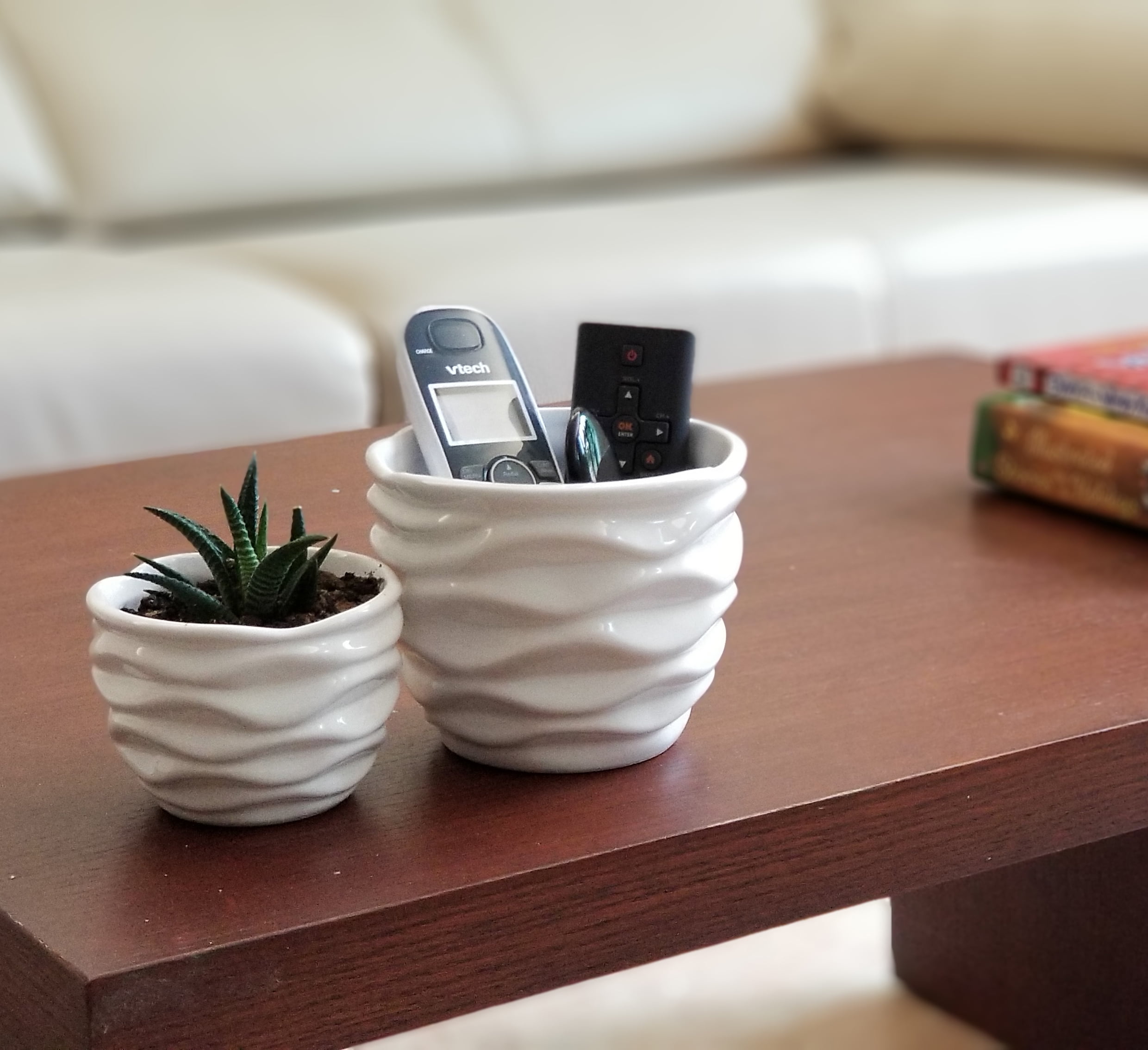 K-Cliffs Offers A White Ceramic  Pots, Modern Design Waving Curve Texture Succulent Planter, Set of 2 Small Pot-3.9Dia*2.9H inches (Opening--3.3 inches);Large pot-5.1Dia*4.1H inches(Opening -4.4
