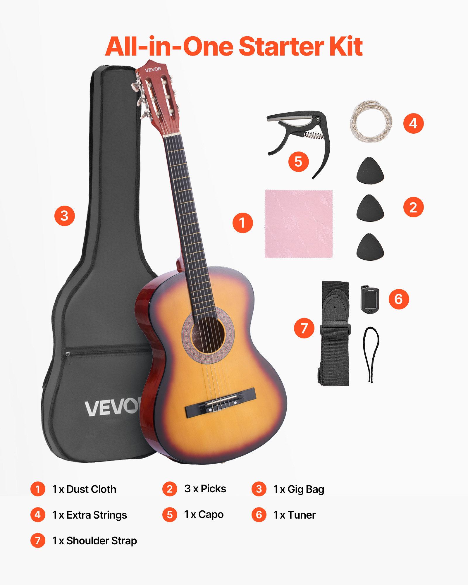 VEVOR 38in Classical Guitar,Wood Guitar Starter Kit for Beginners, with Nylon Strings, Gig Bag, Strap, Tuner, Extra String, Pick, Capo, Basswood,for Teenagers Adults Students, Sunburst