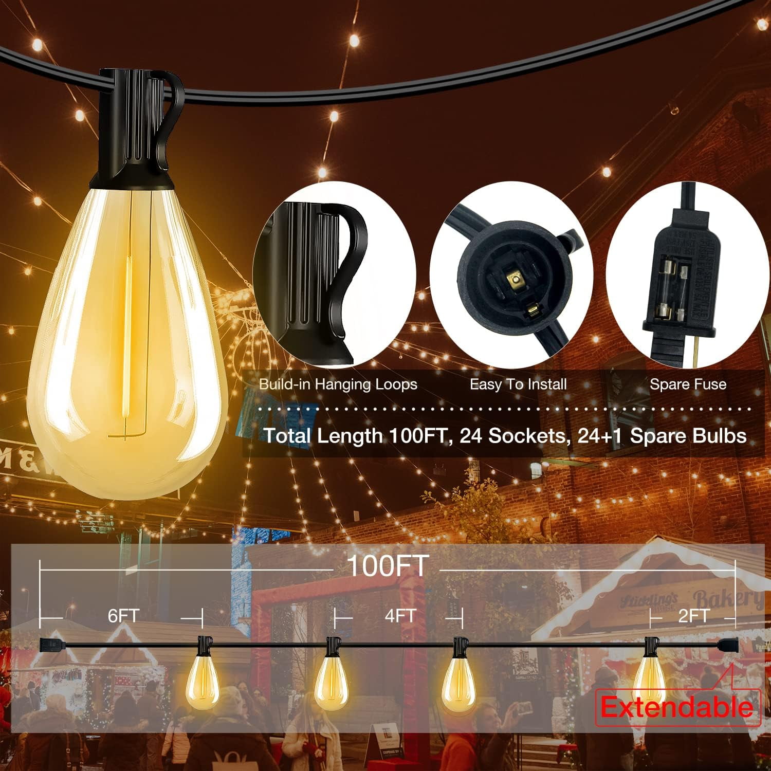 DAYBETTER 100ft Outdoor String Lights, S14 Patio Lights with 24LED Bulbs, Connectable Waterproof Lights for Porch, Yard