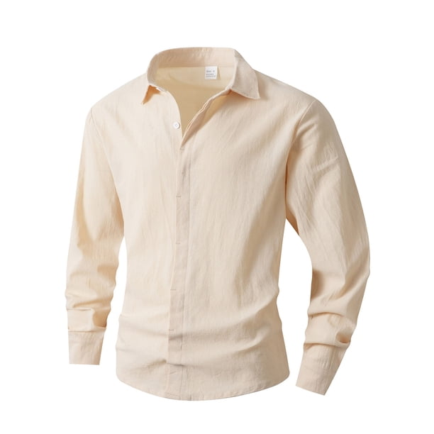 pstuiky Camisas casuales de manga larga para hombre, Camisa de lino con bolsillo y solapa con botones y manga larga de color liso para hombre top de hombre m