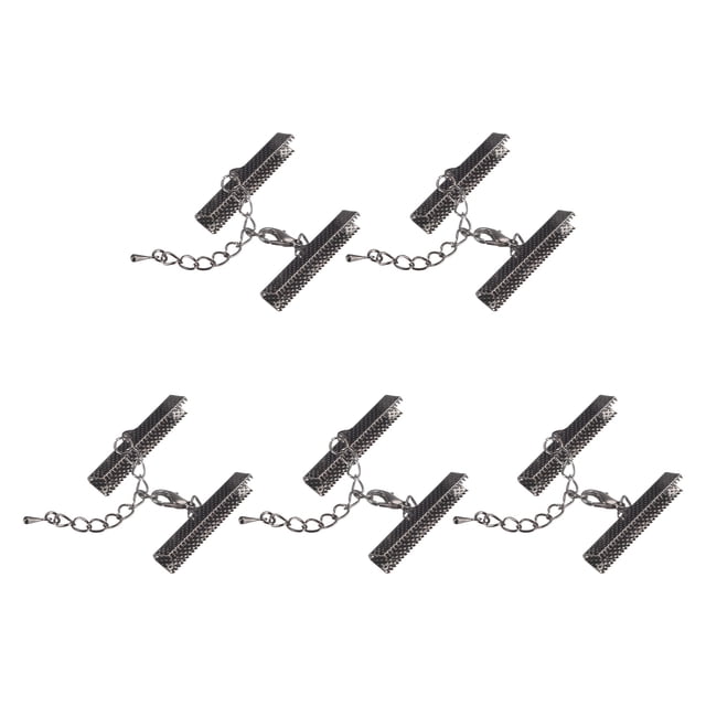 Unique Bargains 10Set Ribbon Crimp Clamp Ends Lobster Claw Clasps & Chain 35mm Metallic Black for DIY