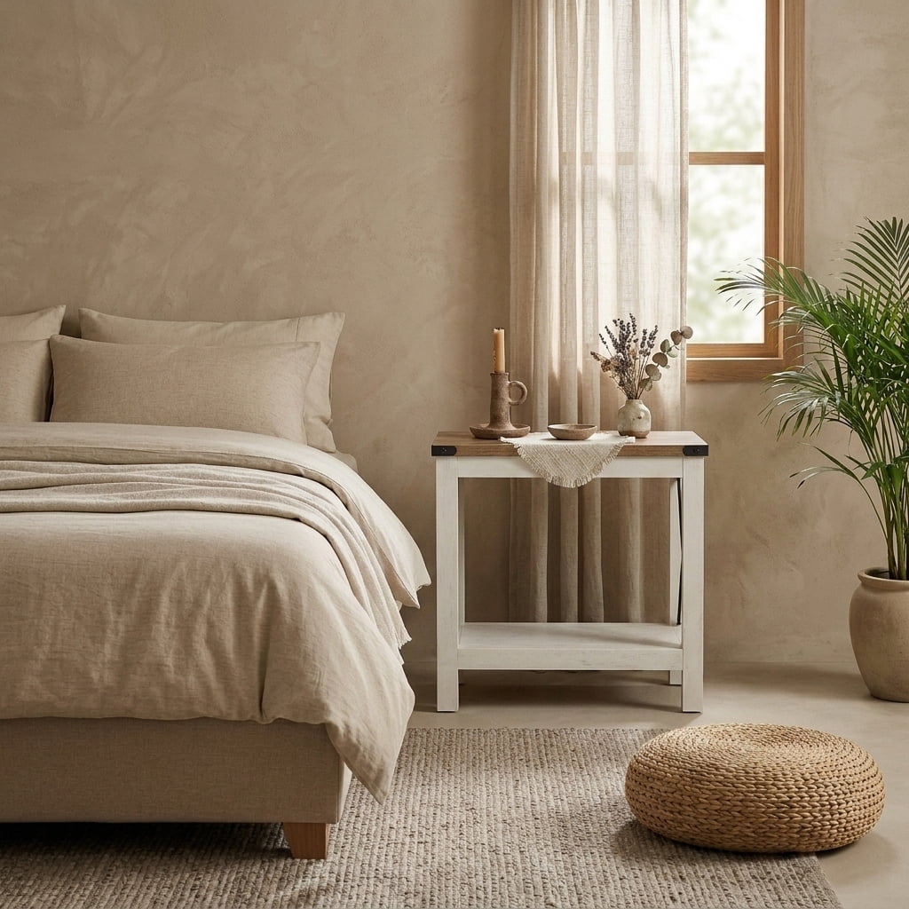 Ledrem 2 Tiers Side Table, Sofa Accent Table, Compact Nightstand with Underside Storage Rack, Rustic White & Honey Brown