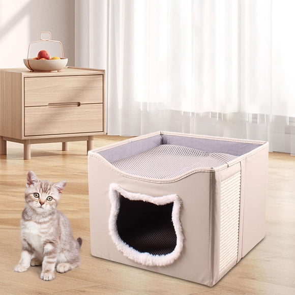 Cama de gato para gatos interiores escondite moderno antiinterráneo con cubo de almohadilla de rasguño semi completamente cerrada nido plegable cueva Beige