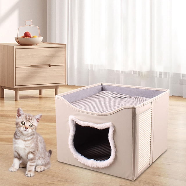 Cama de gato para gatos interiores escondite moderno antiinterráneo con cubo de almohadilla de rasguño semi completamente cerrada nido plegable cueva Beige