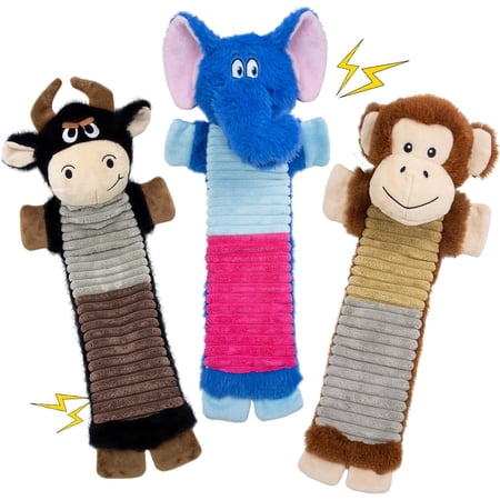 No Stuffing 3 Pack Squeaky Toys, with Crinkle to Large Puppy | Interactive to Keep Pets Busy, Durable Plush Toys, Toss, Fetch, Tug of war Play, Birthday Holiday