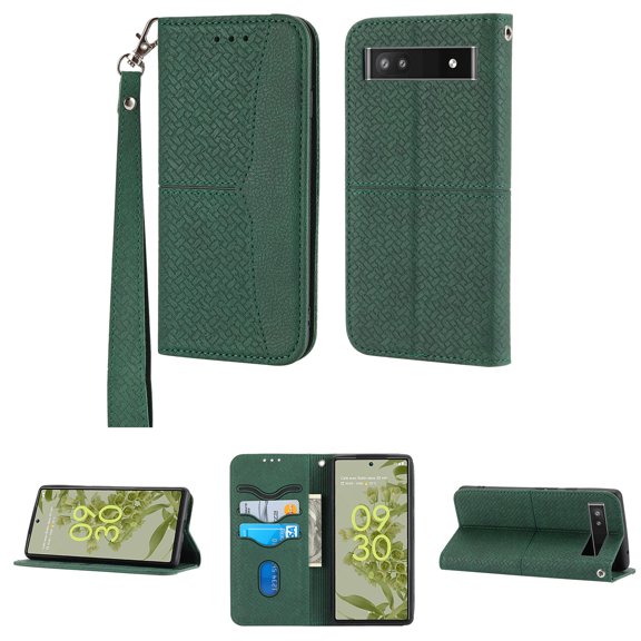Decase Wallet Case for Google Pixel 6A,Magnetic Closure ID Credit Card Slots Durable PU Leather Full Protection Shockproof Phone Case Cover with Wrist Strap,Green