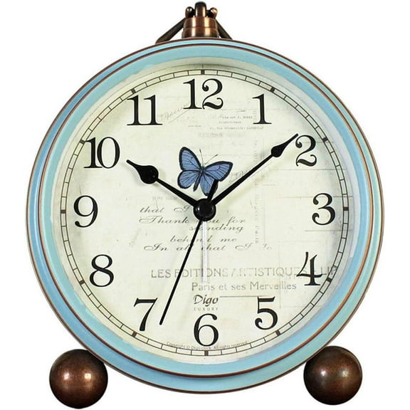 Table Clock, Vintage Non-Ticking Table Desk Alarm Clock Battery Operated with Quartz Movement HD Glass for Bedroom Living Room Office Desk