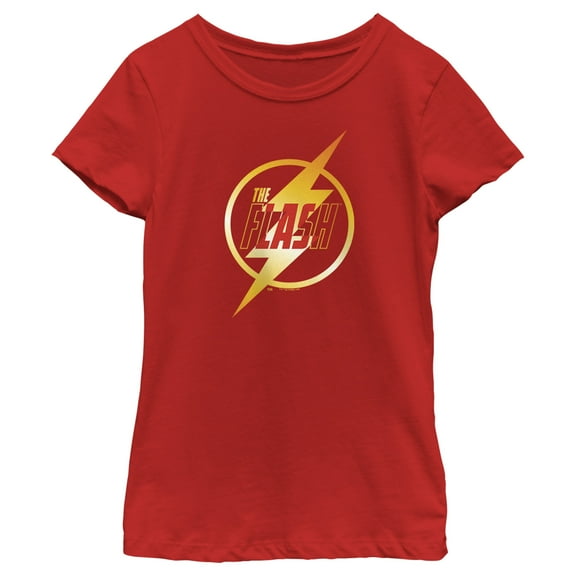 Girl's The Flash Gold Lightning Emblem  Graphic Tee Red Medium