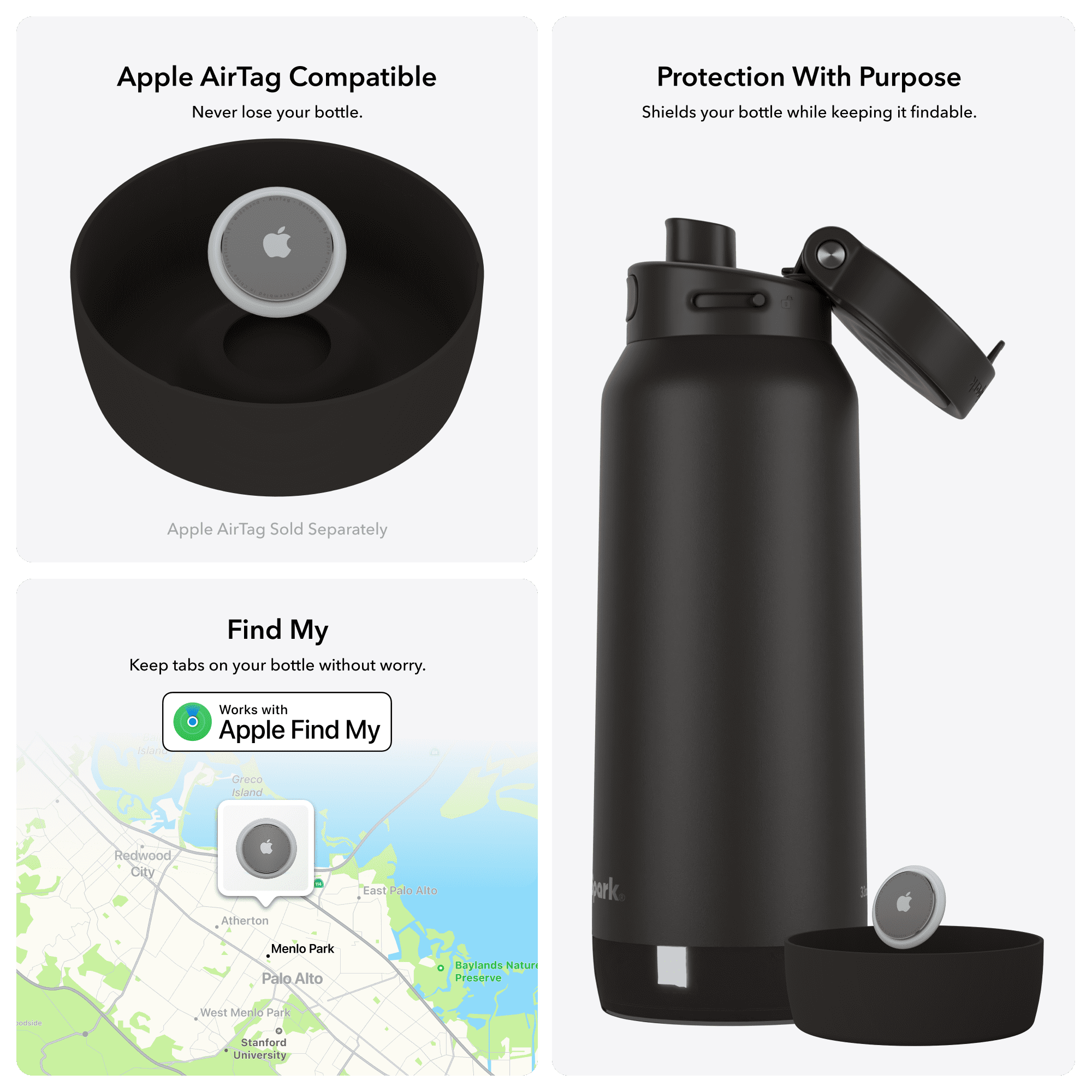 HidrateSpark 32oz Chug Water Bottle with Silicone Boot - Air Tag Compatible - Black