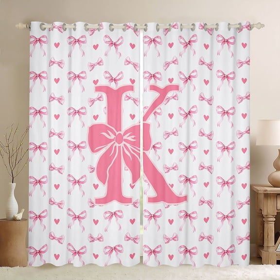 Homewish Bowknot Letter Monogrammed K Black Out Curtains for Teens Female Girls,Dreamy Princess Curtains Pack of 2 (42x63 Each),Love Heart Print Bedroom Curtains,Ultra Soft Home Decor